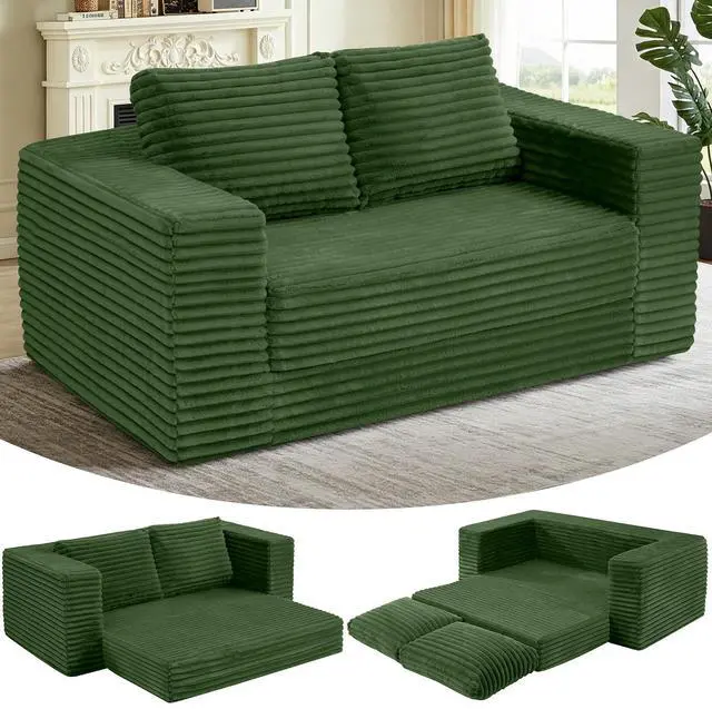 Main image of 62" Small Boneless Couch,3-in-1 Convertible Folding Sofa Bed, Corduroy Loveseat Sofa Bed w/2 Pillows for Living Room/Guest Room No Assembly Required, Green