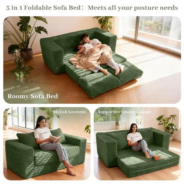 Alt view image 4 of 7 - 62" Small Boneless Couch,3-in-1 Convertible Folding Sofa Bed, Corduroy Loveseat Sofa Bed w/2 Pillows for Living Room/Guest Room No Assembly Required, Green