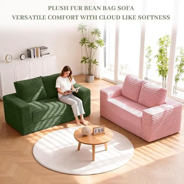Alt view image 5 of 7 - 62" Small Boneless Couch,3-in-1 Convertible Folding Sofa Bed, Corduroy Loveseat Sofa Bed w/2 Pillows for Living Room/Guest Room No Assembly Required, Green