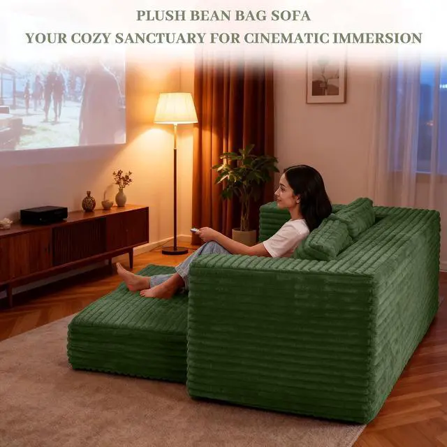 Alt view image 7 of 7 - 62" Small Boneless Couch,3-in-1 Convertible Folding Sofa Bed, Corduroy Loveseat Sofa Bed w/2 Pillows for Living Room/Guest Room No Assembly Required, Green