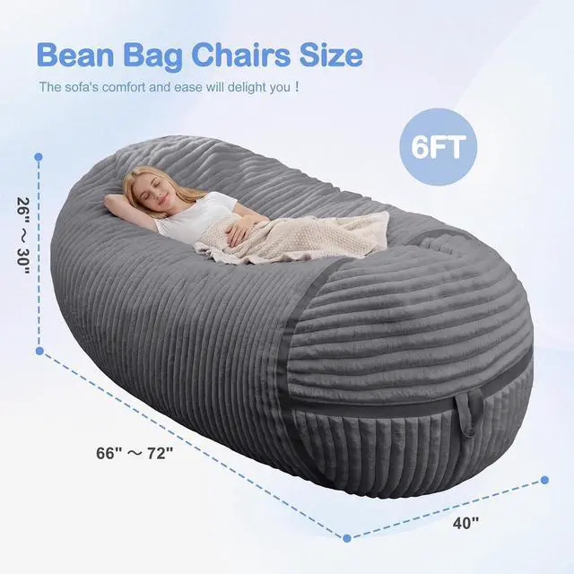 Alt view image 2 of 6 - Bean Bag Chair 6FT Giant Bean Bag Chairs for Adults with Memory Foam Filled,6'Beanbag Chair with Soft Faux Fur Cover,Comfy Bean Bag Bed Bean Bag Sofa Lounger for Living Room,Bedroom-DARK GREY