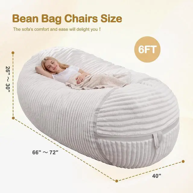 Alt view image 2 of 6 - Bean Bag Chair 6FT Giant Bean Bag Chairs for Adults with Memory Foam Filled,6'Beanbag Chair with Soft Faux Fur Cover,Comfy Bean Bag Bed Bean Bag Sofa Lounger for Living Room,Bedroom-White