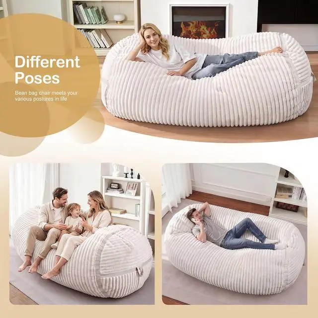 Alt view image 4 of 6 - Bean Bag Chair 6FT Giant Bean Bag Chairs for Adults with Memory Foam Filled,6'Beanbag Chair with Soft Faux Fur Cover,Comfy Bean Bag Bed Bean Bag Sofa Lounger for Living Room,Bedroom-White