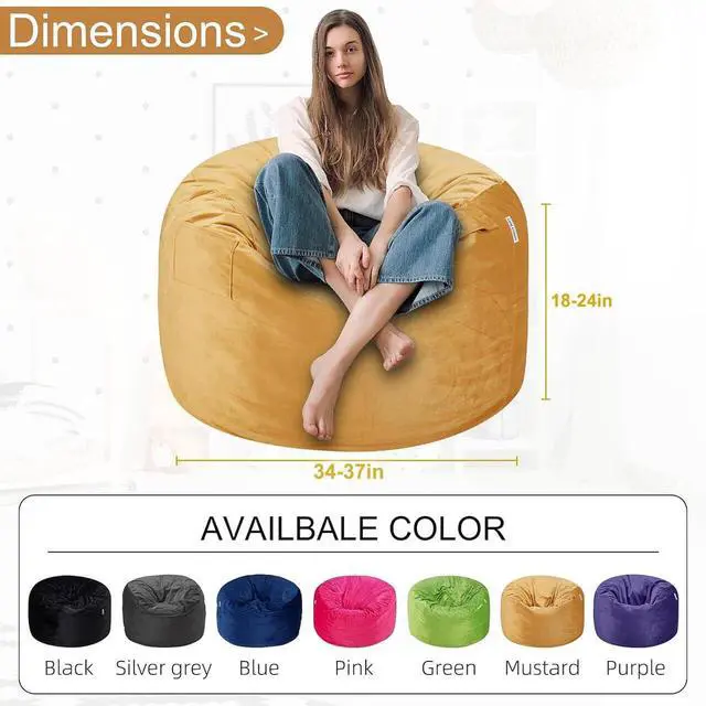 Alt view image 3 of 6 - Bean Bag Chair 3Ft Luxurious Velvet Ultra Soft Fur with High Rebound Memory Foam Bean Bag Chairs for Adults Plush Lazy Sofa with Fluffy Removable Sponge 3' (Mustard)
