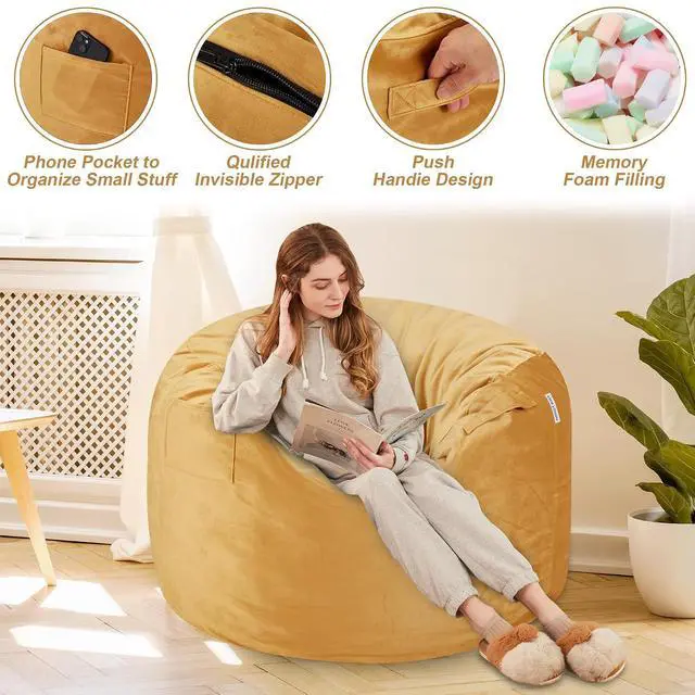 Alt view image 4 of 6 - Bean Bag Chair 3Ft Luxurious Velvet Ultra Soft Fur with High Rebound Memory Foam Bean Bag Chairs for Adults Plush Lazy Sofa with Fluffy Removable Sponge 3' (Mustard)