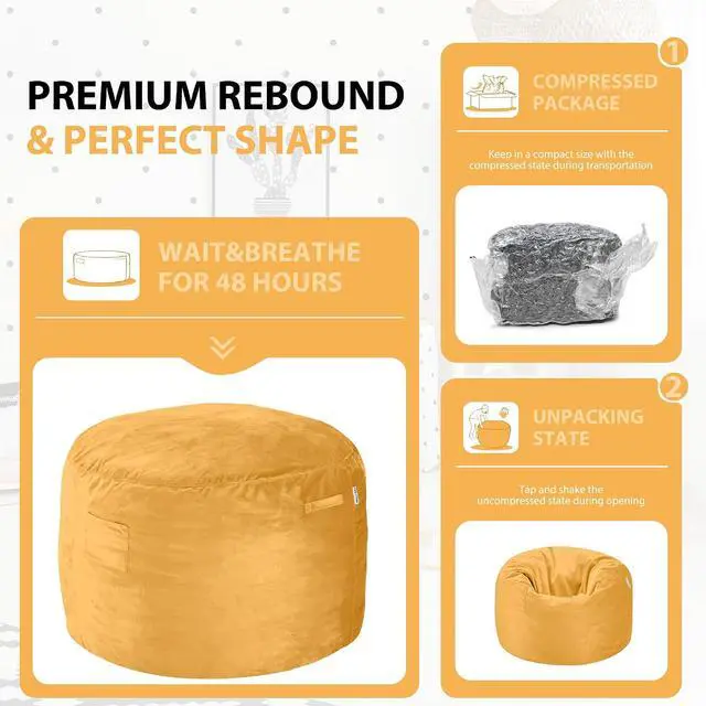 Alt view image 6 of 6 - Bean Bag Chair 3Ft Luxurious Velvet Ultra Soft Fur with High Rebound Memory Foam Bean Bag Chairs for Adults Plush Lazy Sofa with Fluffy Removable Sponge 3' (Mustard)
