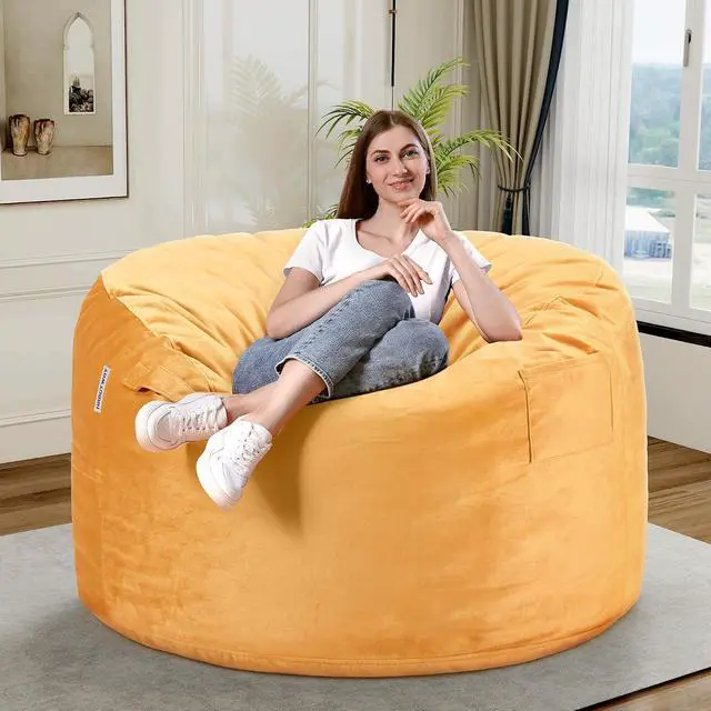 Alt view image 2 of 6 - Bean Bag Chair 3Ft Luxurious Velvet Ultra Soft Fur with High Rebound Memory Foam Bean Bag Chairs for Adults Plush Lazy Sofa with Fluffy Removable Sponge 3' (Mustard)