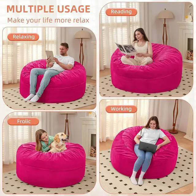 Alt view image 4 of 7 - Bean Bag Chair 3Ft Luxurious Velvet Ultra Soft Fur with High Rebound Memory Foam Bean Bag Chairs for Adults Plush Lazy Sofa with Fluffy Removable Sponge 3' (Hot Pink)