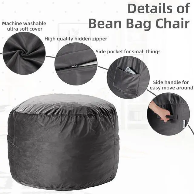 Alt view image 4 of 6 - Bean Bag Chair 3Ft Luxurious Velvet Ultra Soft Fur with High Rebound Memory Foam Bean Bag Chairs for Adults Plush Lazy Sofa with Fluffy Sponge 3' (Grey)