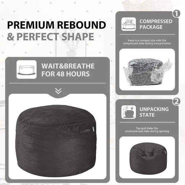 Alt view image 6 of 6 - Bean Bag Chair 3Ft Luxurious Velvet Ultra Soft Fur with High Rebound Memory Foam Bean Bag Chairs for Adults Plush Lazy Sofa with Fluffy Sponge 3' (Grey)