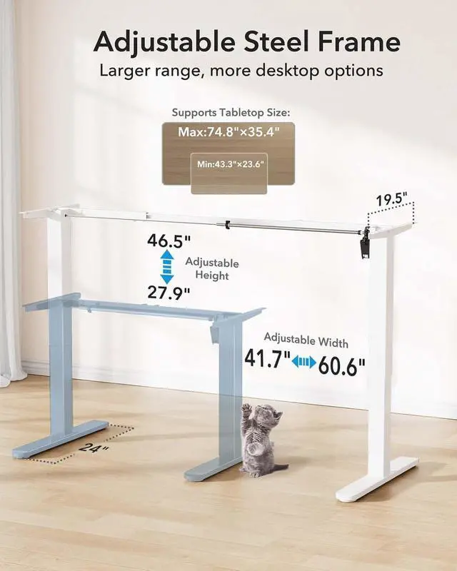 Alt view image 2 of 7 - Electric Standing Desk Legs for 43"-75" L & 24"-31" W Desktop, White | Brushless Motor,220lbs Heavy Duty,28.3"-46.5" Height Range,4 Memory Presets,Cable Management, Stable Steel Frame
