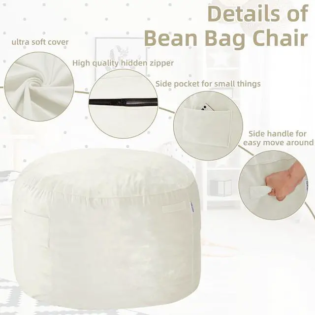 Alt view image 4 of 6 - Bean Bag Chair 3Ft Luxurious Velvet Ultra Soft Fur with High Rebound Memory Foam Bean Bag Chairs for Adults Plush Lazy Sofa with Fluffy Sponge 3' (Beige)
