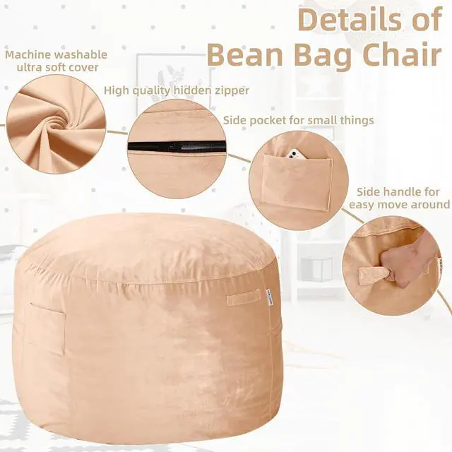 Alt view image 4 of 7 - Bean Bag Chair 3Ft Luxurious Velvet Ultra Soft Fur with High Rebound Memory Foam Bean Bag Chairs for Adults Plush Lazy Sofa with Fluffy Sponge 3' (Khaki)