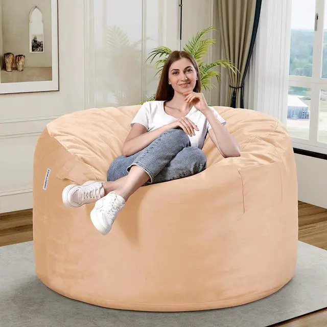 Alt view image 2 of 7 - Bean Bag Chair 3Ft Luxurious Velvet Ultra Soft Fur with High Rebound Memory Foam Bean Bag Chairs for Adults Plush Lazy Sofa with Fluffy Sponge 3' (Khaki)
