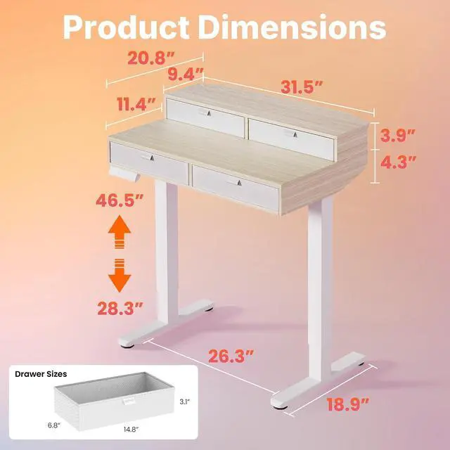 Alt view image 2 of 7 - 32 X 20 inch Electric Standing Desk with 4 Drawers, Adjustable Height Sit Stand Home Office Desk, C-Clamp Mount Compatible, Ergonomic Stand up Desk with 4 Preset Heights, Natural