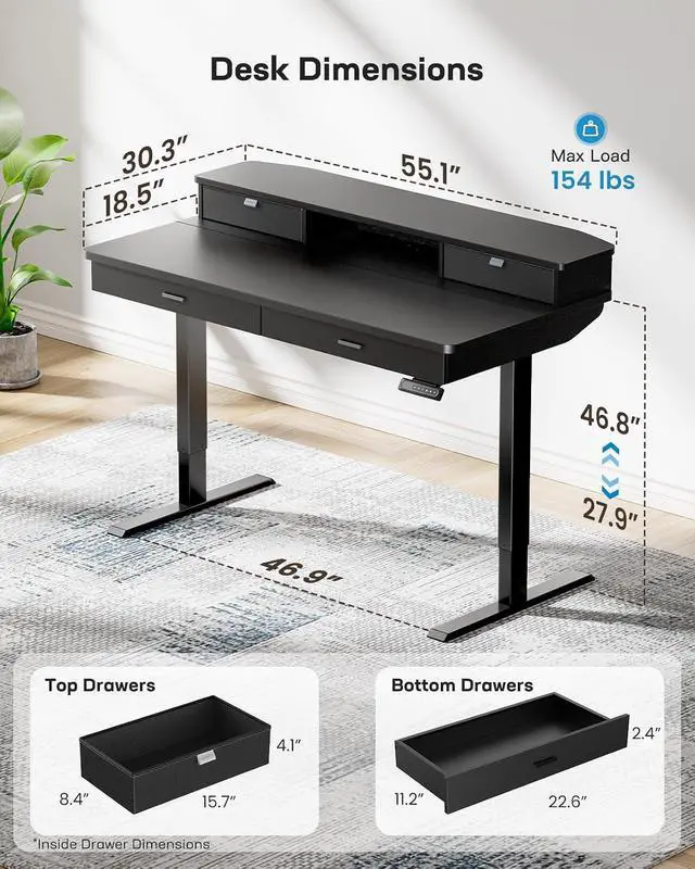 Alt view image 3 of 7 - 55 x 30 inch Electric Standing Desk with 2 Wood Drawers, Adjustable Height Sit Stand Desk for Home Office, Ergonomic Stand up Desk with 4 Memory Presets, 176 lbs Capacity, Black Top