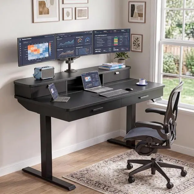 Alt view image 2 of 7 - 48 x 30 inch Electric Standing Desk with 2 Wood Drawers, Adjustable Height Sit Stand Desk for Home Office, Ergonomic Stand up Desk with 4 Memory Presets, 176 lbs Capacity, Black Top