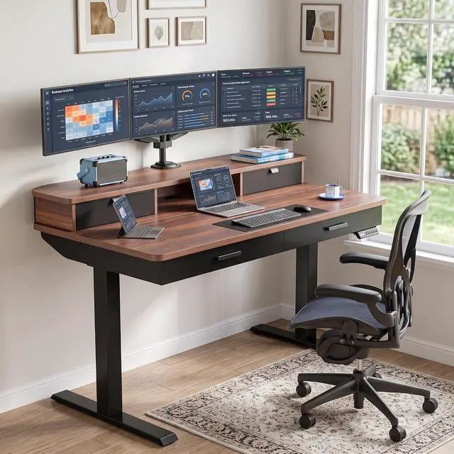 Alt view image 2 of 7 - 55 x 30 inch Electric Standing Desk with 2 Wood Drawers, Adjustable Height Sit Stand Desk for Home Office, Ergonomic Stand up Desk with 4 Memory Presets, 176 lbs Capacity, Walnut Top