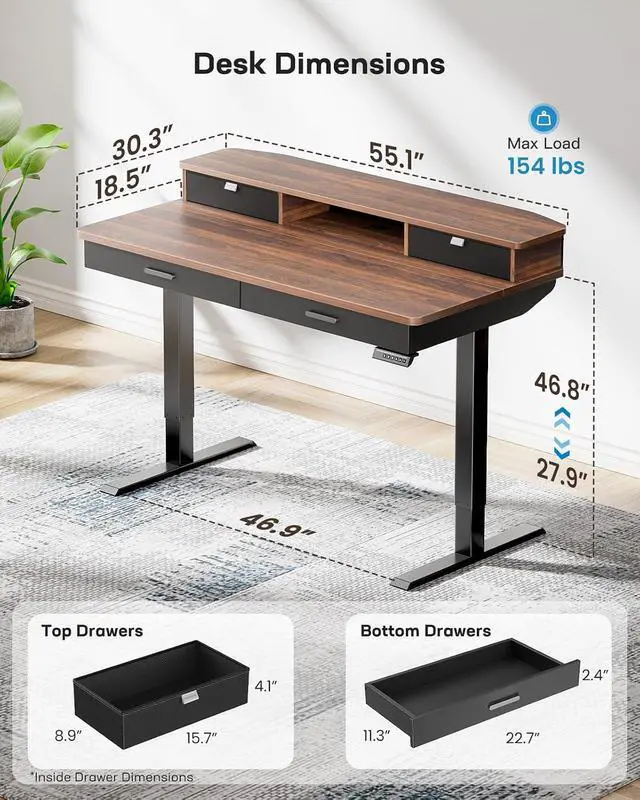 Alt view image 3 of 7 - 55 x 30 inch Electric Standing Desk with 2 Wood Drawers, Adjustable Height Sit Stand Desk for Home Office, Ergonomic Stand up Desk with 4 Memory Presets, 176 lbs Capacity, Walnut Top