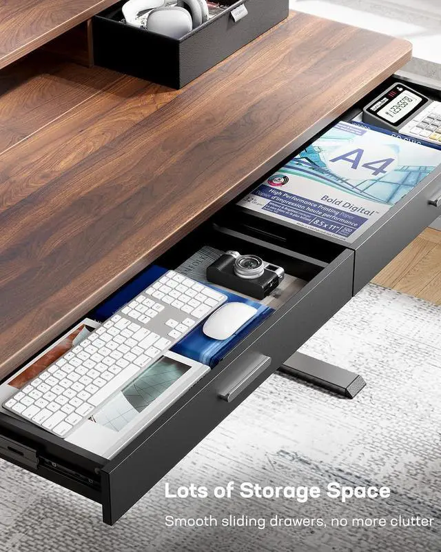 Alt view image 4 of 7 - 55 x 30 inch Electric Standing Desk with 2 Wood Drawers, Adjustable Height Sit Stand Desk for Home Office, Ergonomic Stand up Desk with 4 Memory Presets, 176 lbs Capacity, Walnut Top