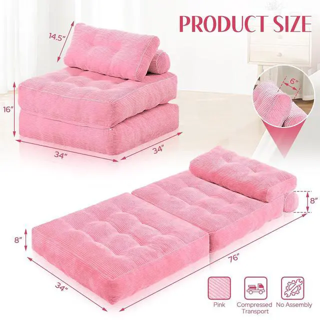 Alt view image 2 of 7 - Folding Sofa Bed, Convertible Sleeper Chair Bed w/Dual-Pillow & Handle, Foldable Floor Sofa Lounge w/Back Support for Living Room, Bedroom, Apartment, Office, Single, Pink