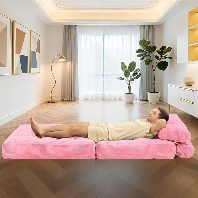 Alt view image 5 of 7 - Folding Sofa Bed, Convertible Sleeper Chair Bed w/Dual-Pillow & Handle, Foldable Floor Sofa Lounge w/Back Support for Living Room, Bedroom, Apartment, Office, Single, Pink