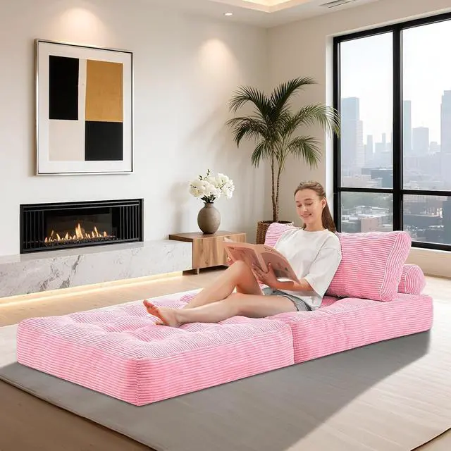 Alt view image 4 of 7 - Folding Sofa Bed, Convertible Sleeper Chair Bed w/Dual-Pillow & Handle, Foldable Floor Sofa Lounge w/Back Support for Living Room, Bedroom, Apartment, Office, Single, Pink