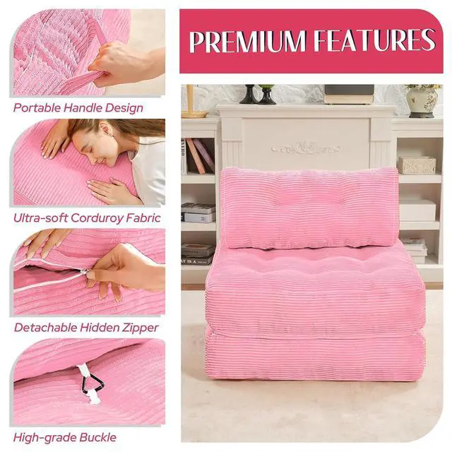 Alt view image 6 of 7 - Folding Sofa Bed, Convertible Sleeper Chair Bed w/Dual-Pillow & Handle, Foldable Floor Sofa Lounge w/Back Support for Living Room, Bedroom, Apartment, Office, Single, Pink
