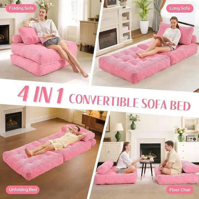 Alt view image 7 of 7 - Folding Sofa Bed, Convertible Sleeper Chair Bed w/Dual-Pillow & Handle, Foldable Floor Sofa Lounge w/Back Support for Living Room, Bedroom, Apartment, Office, Single, Pink