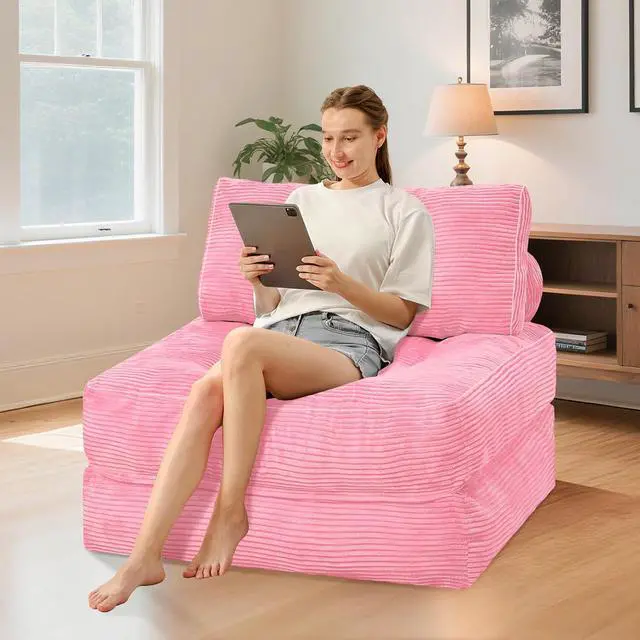 Alt view image 3 of 7 - Folding Sofa Bed, Convertible Sleeper Chair Bed w/Dual-Pillow & Handle, Foldable Floor Sofa Lounge w/Back Support for Living Room, Bedroom, Apartment, Office, Single, Pink