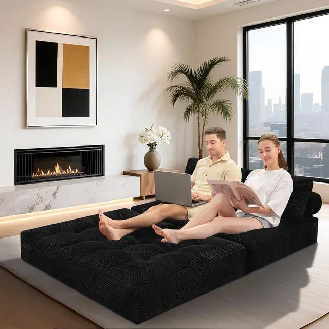Alt view image 4 of 7 - Folding Sofa Bed, Foldable Floor Sofa Lounge w/Dual-Pillow & Handle, Convertible Sleeper Chair Bed w/Back Support for Living Room, Bedroom, Apartment, Office, Black, Full