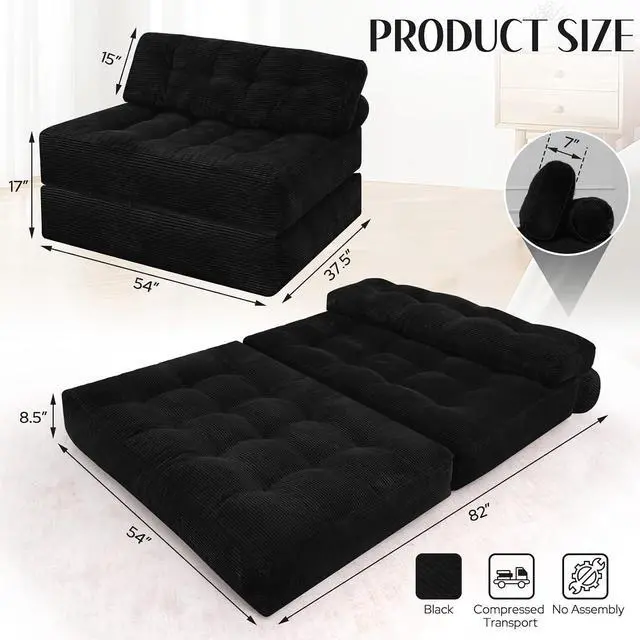 Alt view image 2 of 7 - Folding Sofa Bed, Foldable Floor Sofa Lounge w/Dual-Pillow & Handle, Convertible Sleeper Chair Bed w/Back Support for Living Room, Bedroom, Apartment, Office, Black, Full