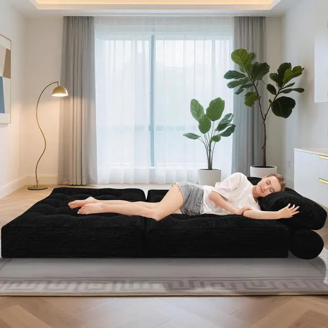 Alt view image 5 of 7 - Folding Sofa Bed, Foldable Floor Sofa Lounge w/Dual-Pillow & Handle, Convertible Sleeper Chair Bed w/Back Support for Living Room, Bedroom, Apartment, Office, Black, Full