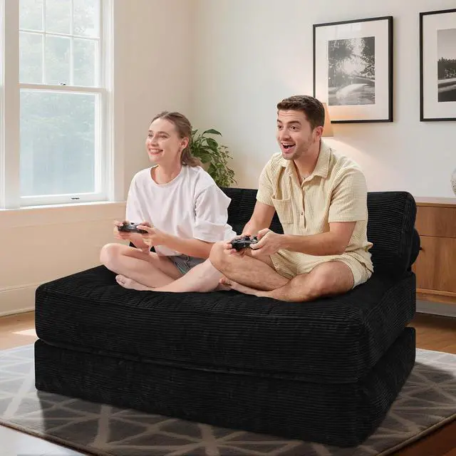 Alt view image 3 of 7 - Folding Sofa Bed, Foldable Floor Sofa Lounge w/Dual-Pillow & Handle, Convertible Sleeper Chair Bed w/Back Support for Living Room, Bedroom, Apartment, Office, Black, Full