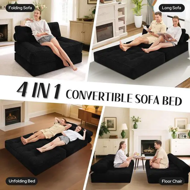 Alt view image 7 of 7 - Folding Sofa Bed, Foldable Floor Sofa Lounge w/Dual-Pillow & Handle, Convertible Sleeper Chair Bed w/Back Support for Living Room, Bedroom, Apartment, Office, Black, Full