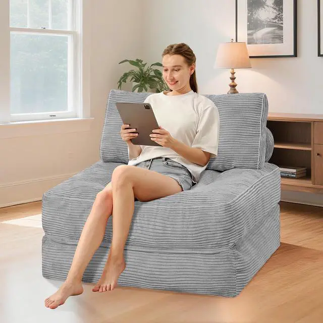Alt view image 3 of 7 - Folding Sofa Bed, Convertible Sleeper Chair Bed w/Dual-Pillow & Handle, Foldable Floor Sofa Lounge w/Back Support for Living Room, Bedroom, Apartment, Office, Single, Light Grey