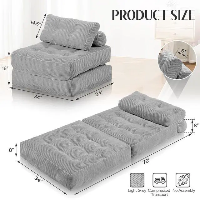 Alt view image 2 of 7 - Folding Sofa Bed, Convertible Sleeper Chair Bed w/Dual-Pillow & Handle, Foldable Floor Sofa Lounge w/Back Support for Living Room, Bedroom, Apartment, Office, Single, Light Grey