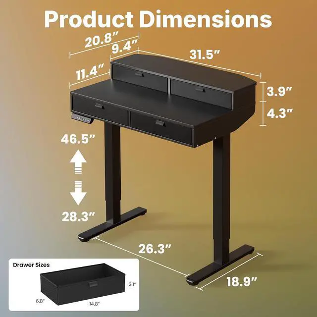 Alt view image 2 of 7 - 32 X 20 inch Electric Standing Desk with 4 Drawers, Adjustable Height Sit Stand Home Office Desk, C-Clamp Mount Compatible, Ergonomic Stand up Desk with 4 Preset Heights, Black