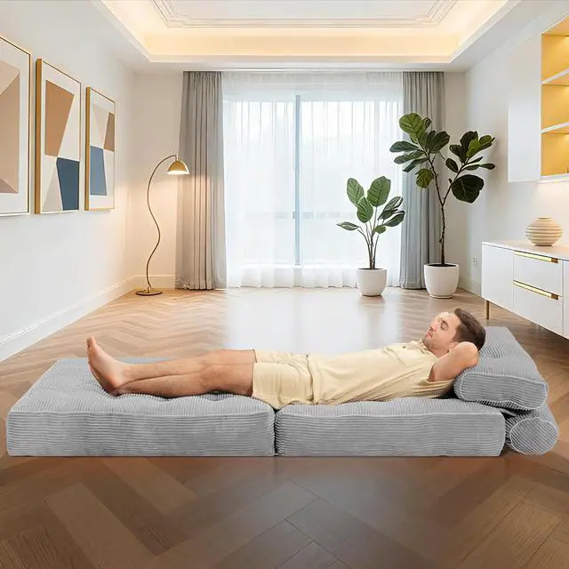 Alt view image 5 of 7 - Folding Sofa Bed, Convertible Sleeper Chair Bed w/Dual-Pillow & Handle, Foldable Floor Sofa Lounge w/Back Support for Living Room, Bedroom, Apartment, Office, Single, Light Grey
