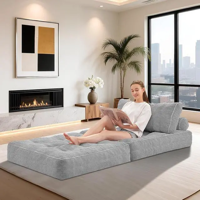 Alt view image 4 of 7 - Folding Sofa Bed, Convertible Sleeper Chair Bed w/Dual-Pillow & Handle, Foldable Floor Sofa Lounge w/Back Support for Living Room, Bedroom, Apartment, Office, Single, Light Grey