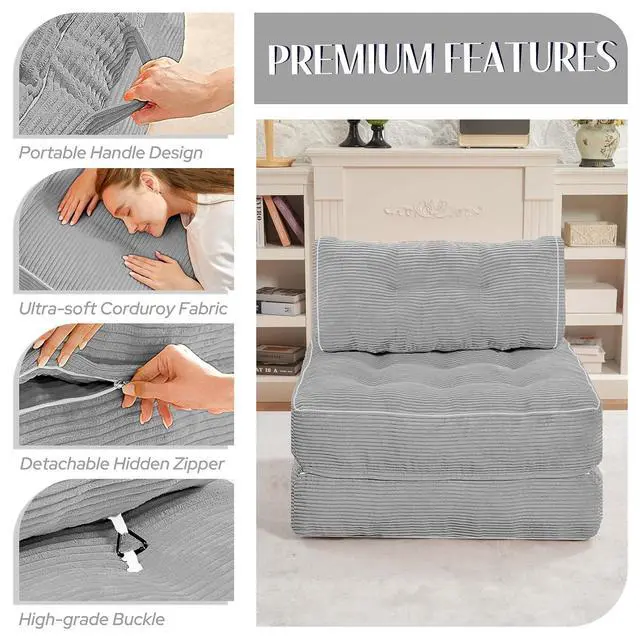 Alt view image 6 of 7 - Folding Sofa Bed, Convertible Sleeper Chair Bed w/Dual-Pillow & Handle, Foldable Floor Sofa Lounge w/Back Support for Living Room, Bedroom, Apartment, Office, Single, Light Grey