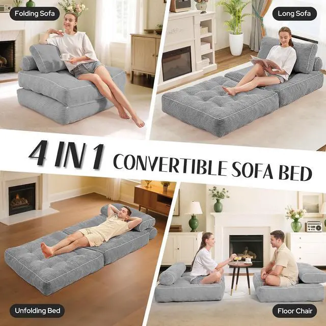 Alt view image 7 of 7 - Folding Sofa Bed, Convertible Sleeper Chair Bed w/Dual-Pillow & Handle, Foldable Floor Sofa Lounge w/Back Support for Living Room, Bedroom, Apartment, Office, Single, Light Grey