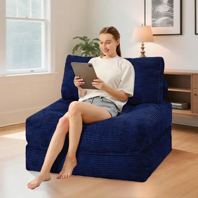 Alt view image 3 of 7 - Folding Sofa Bed, Convertible Sleeper Chair Bed w/Dual-Pillow & Handle, Foldable Floor Sofa Lounge w/Back Support for Living Room, Bedroom, Apartment, Office, Single, Navy Blue
