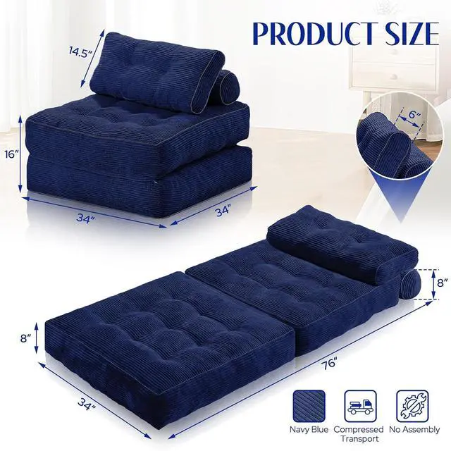 Alt view image 2 of 7 - Folding Sofa Bed, Convertible Sleeper Chair Bed w/Dual-Pillow & Handle, Foldable Floor Sofa Lounge w/Back Support for Living Room, Bedroom, Apartment, Office, Single, Navy Blue