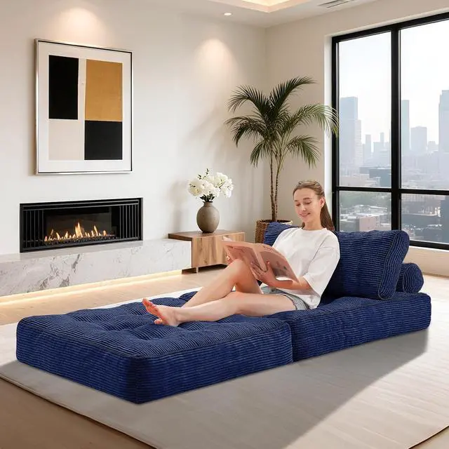 Alt view image 4 of 7 - Folding Sofa Bed, Convertible Sleeper Chair Bed w/Dual-Pillow & Handle, Foldable Floor Sofa Lounge w/Back Support for Living Room, Bedroom, Apartment, Office, Single, Navy Blue