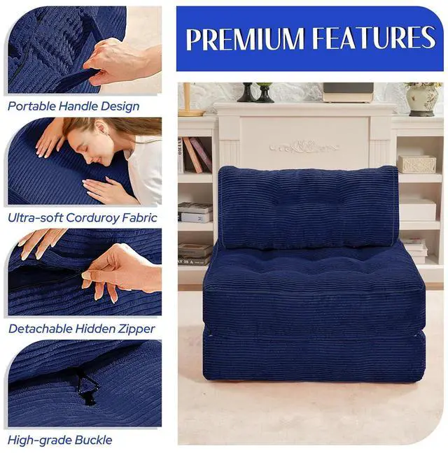 Alt view image 6 of 7 - Folding Sofa Bed, Convertible Sleeper Chair Bed w/Dual-Pillow & Handle, Foldable Floor Sofa Lounge w/Back Support for Living Room, Bedroom, Apartment, Office, Single, Navy Blue