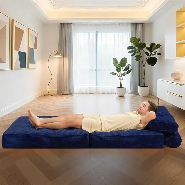 Alt view image 5 of 7 - Folding Sofa Bed, Convertible Sleeper Chair Bed w/Dual-Pillow & Handle, Foldable Floor Sofa Lounge w/Back Support for Living Room, Bedroom, Apartment, Office, Single, Navy Blue