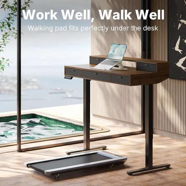 Alt view image 7 of 7 - 40 X 24 inch Electric Standing Desk with 4 Drawers, Adjustable Height Sit Stand Home Office Desk, C-Clamp Mount Compatible, Ergonomic Stand up Desk with 4 Preset Heights, Walnut