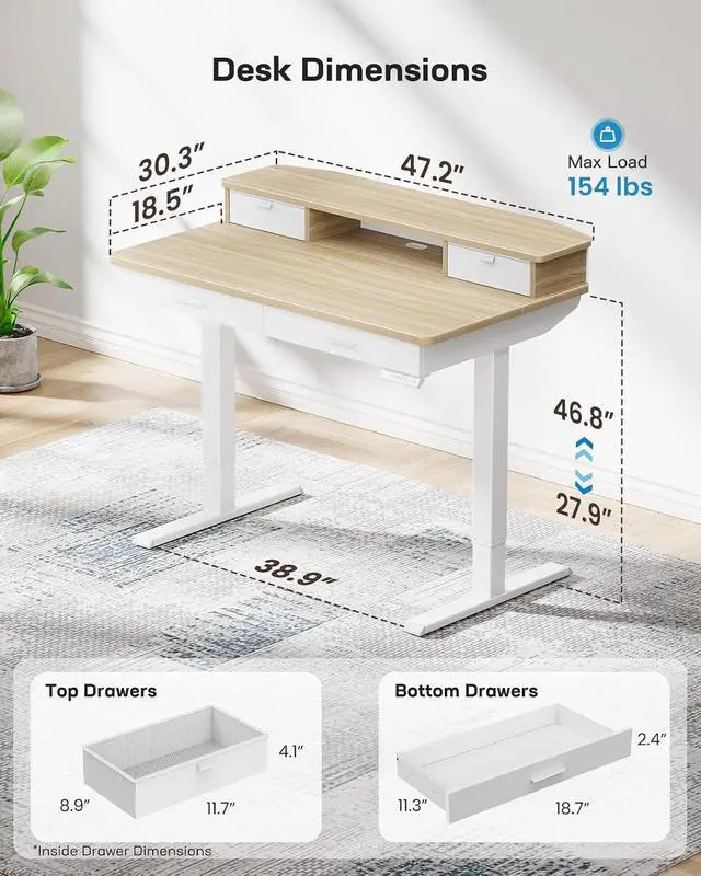 Alt view image 3 of 7 - 48 x 30 inch Electric Standing Desk with 2 Wood Drawers, Adjustable Height Sit Stand Desk for Home Office, Ergonomic Stand up Desk with 4 Memory Presets, 176 lbs Capacity, Natural Top
