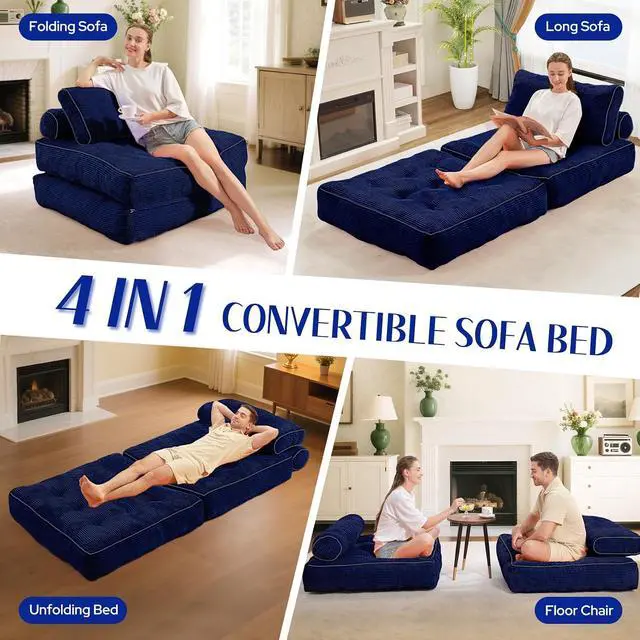 Alt view image 7 of 7 - Folding Sofa Bed, Convertible Sleeper Chair Bed w/Dual-Pillow & Handle, Foldable Floor Sofa Lounge w/Back Support for Living Room, Bedroom, Apartment, Office, Single, Navy Blue